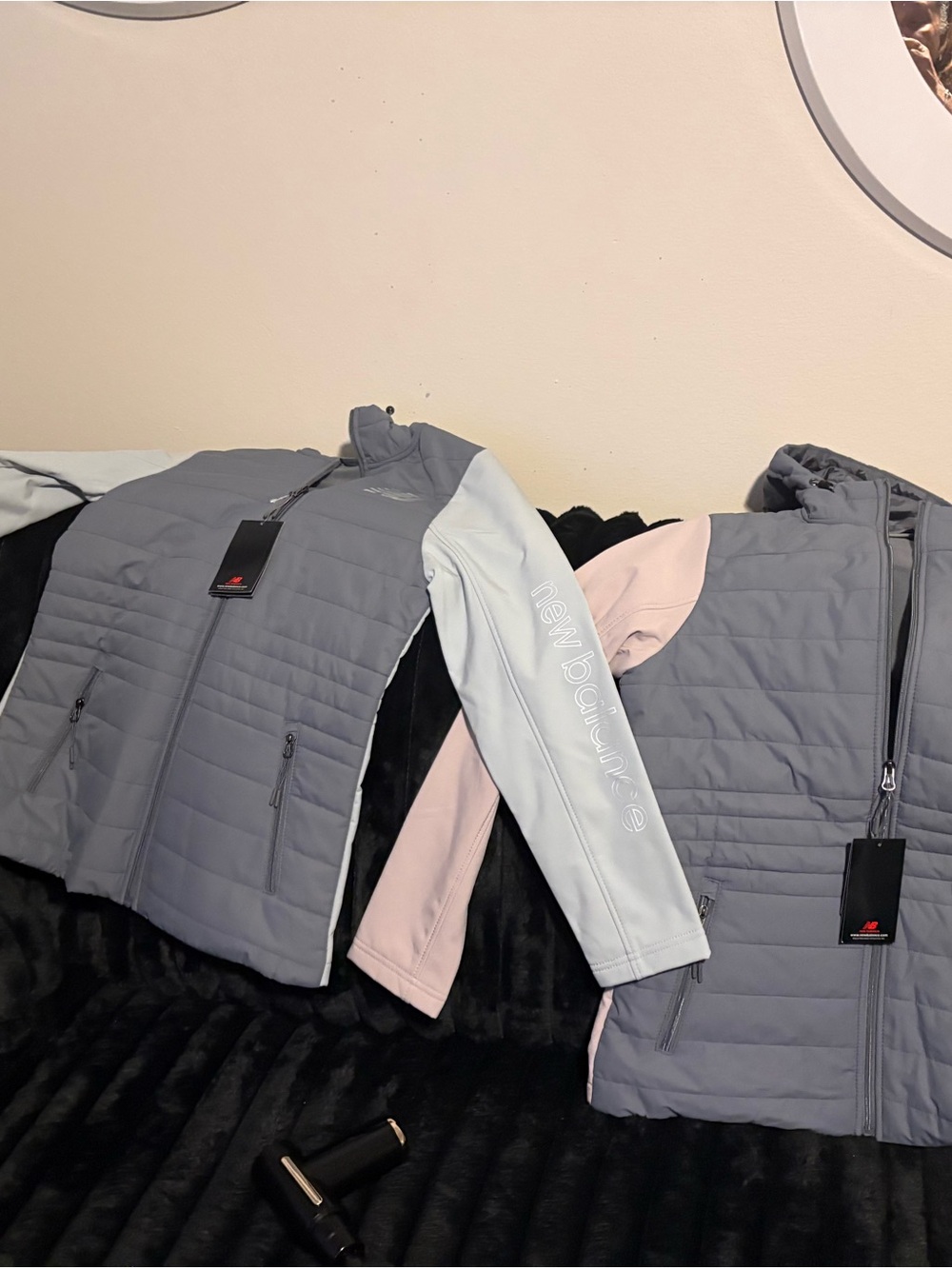 New Balance Gray Quilted Jacket with Light Blue and Pink Accents